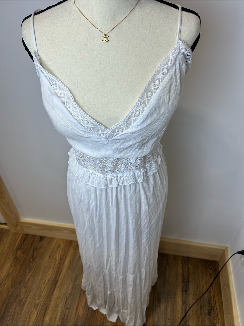 White Lace-Trim Maxi Dress with Spaghetti Straps and Smocked Waist - Picture 3 of 9